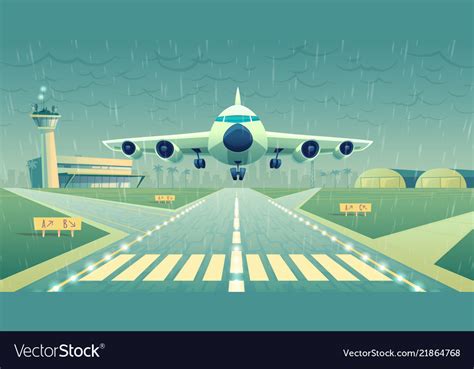 Cartoon White Airliner Jet Over Runway Royalty Free Vector