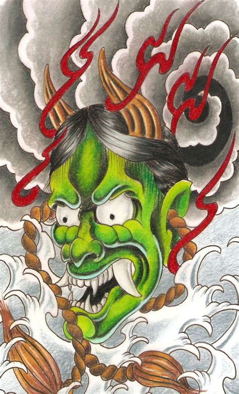 Bright Green Devil Face With Red Stripes And Brown Rope Tattoo Design