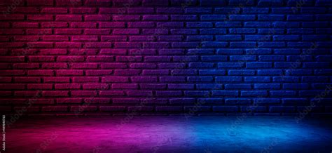 Black Brick Wall Background With Neon Lighting Effect Pink Purple And Blue Glowing Lights On