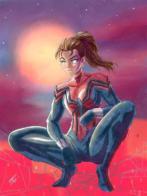 A Drawing Of A Woman Sitting On Top Of A Spider Man