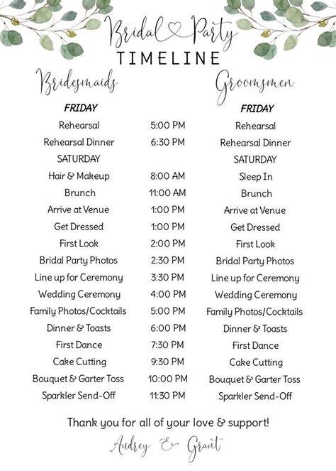 Bridal Party Itinerary Minimalist Wedding Timeline Order Of Events