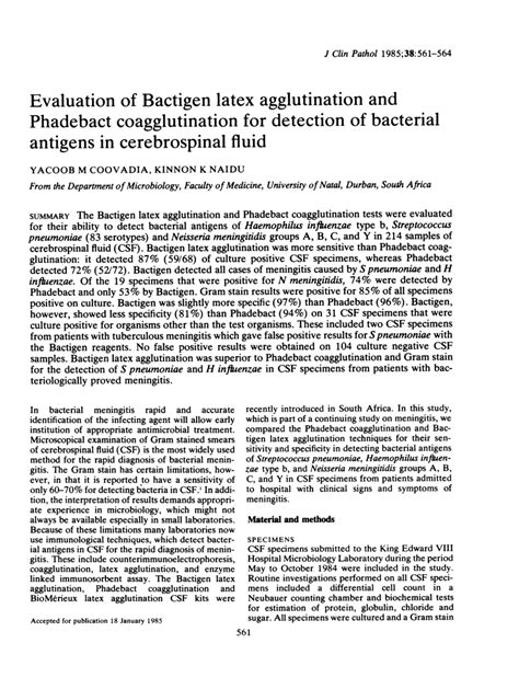 Pdf Evaluation Of Bactigen Latex Agglutination And Phadebact Coagglutination For Detection Of