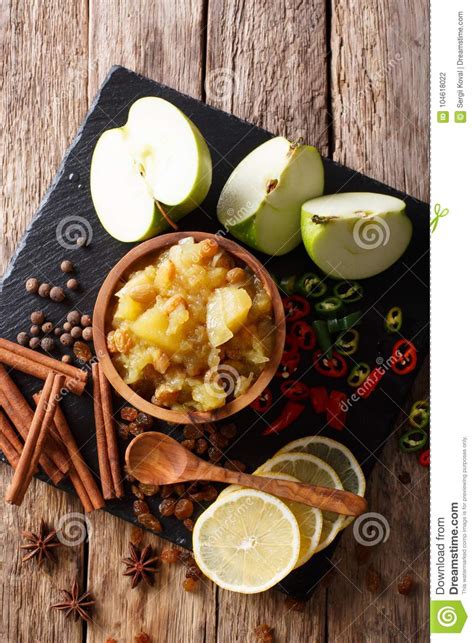 Indian Cuisine Apple Chutney With Lemon And Spices Close Up On Stock