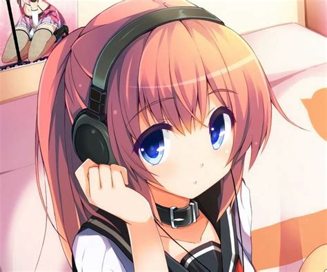 Cute Anime Girl With Orange Hair And Dark Blue Eyes Wearing Headphones