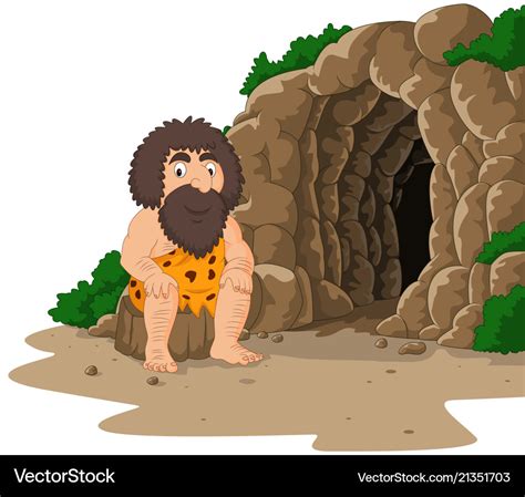 Cartoon Caveman Sitting With Cave Background Vector Image