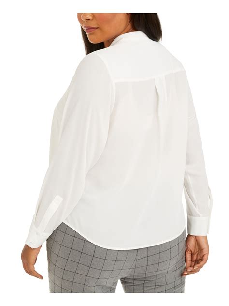 Calvin Klein Womens White Long Sleeve Mandarin Collar Blouse Plus Size