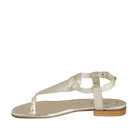 Womans Thong Sandal With Strap In Platinum Laminated Printed Leather