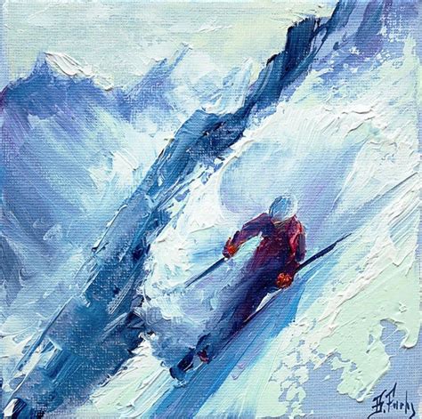 Skier Art Print Skiing Painting Ski Winter Snowy Mountains Giclée Print