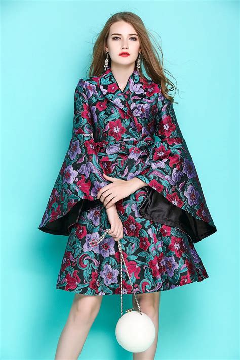 women flower embroidery jacquard skirt trench autumn baroque style flare sleeve belted ball gown