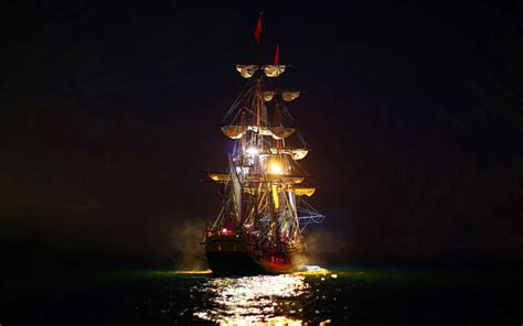 Ship Ocean Sails Night Light Wallpapers Hd Desktop And Mobile