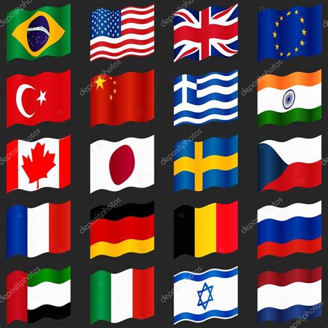Set Of Popular Country Flags Waving Flags Stock Vector Image By