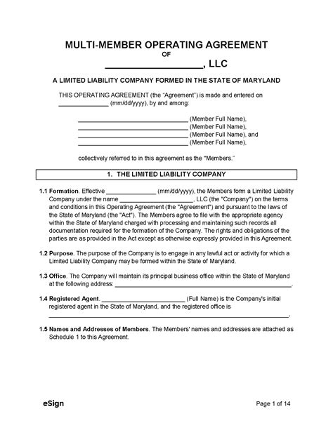 Free Maryland Multi Member Llc Operating Agreement Form Pdf Word