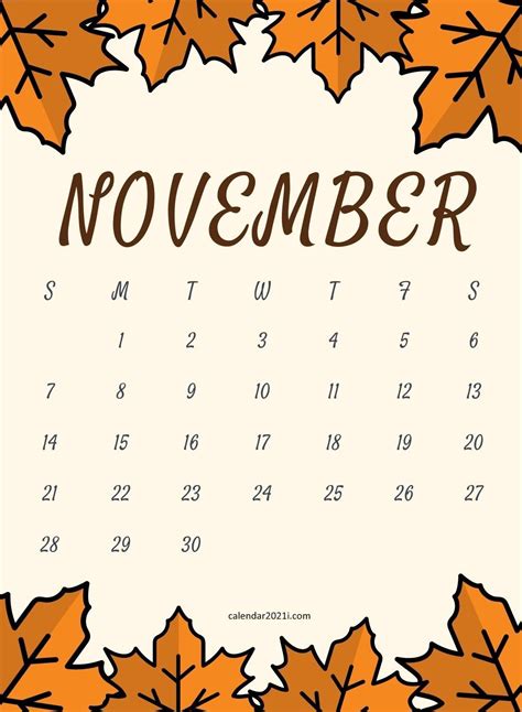 Printable Monthly Calendar November 2021 Yearmon