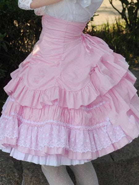 Sweet Lolita Dress Sk Pink Lace Criss Cross Ruffle High Waist Cotton
