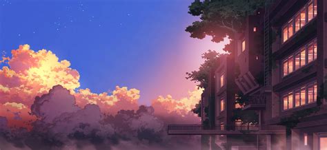 Download 1366x768 Anime Landscape Building Sunset Clouds Scenic
