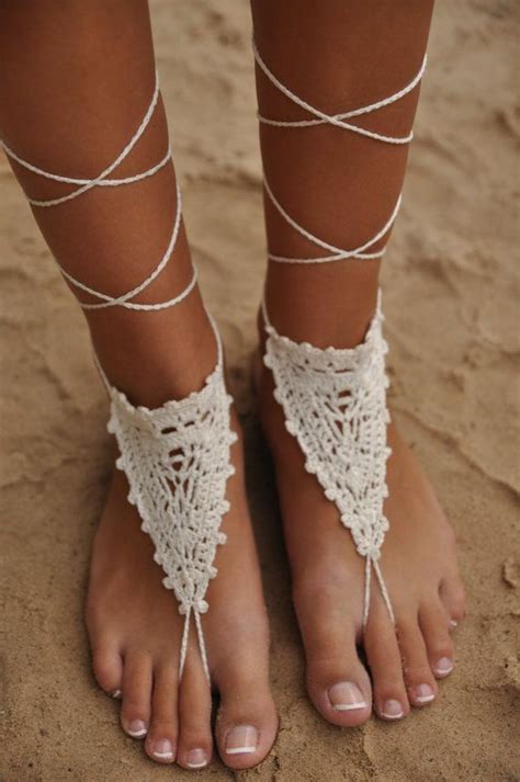 Crochet Ivory Barefoot Sandals Beach Wedding Shoes Bride Foot Jewelry