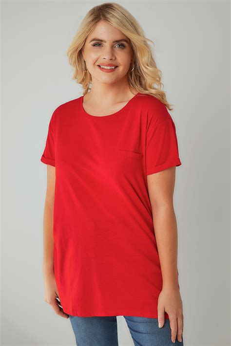 Download Red Pocket T-Shirt With Curved Hem, Plus size 16 to 36