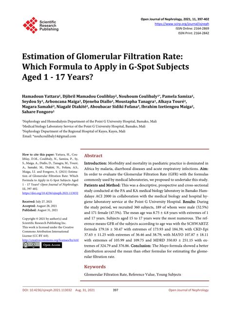 PDF Estimation Of Glomerular Filtration Rate Which Formula To Apply