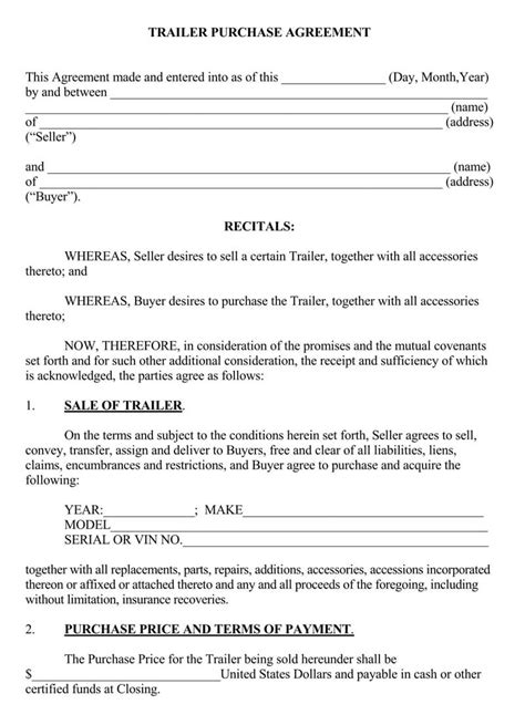 Trailer Purchase Agreement Template Hq Printable Documents