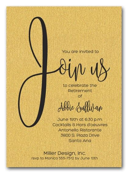 Shimmery Gold Join Us Retirement Party Invitations