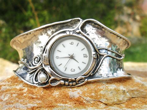 Handcrafted 925 Sterling Silver Watch Cuff Bracelet Pearl