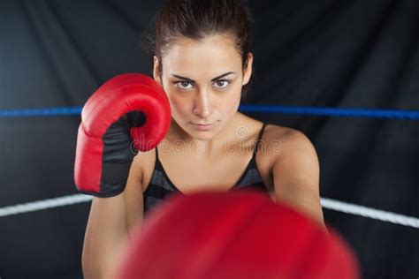 Beautiful Woman In Red Boxing Gloves In The Ring Stock Photo Image Of