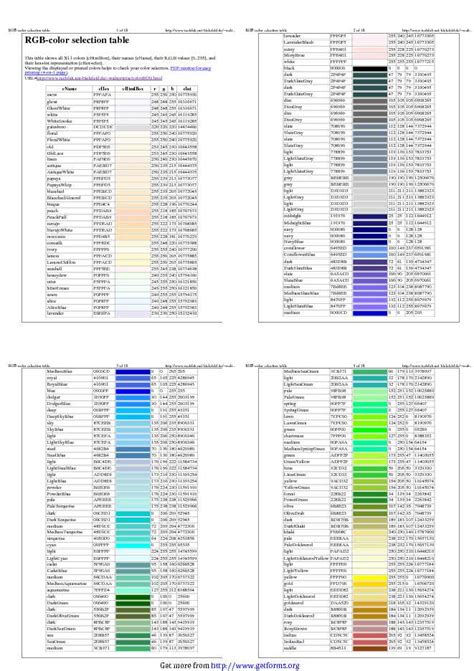 Rgb Color Selection Table Download Color Chart For Free Pdf Or Word