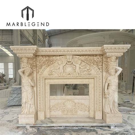 Hand Carved Classic Louis Statue Beige Marble Fireplace Mantel For