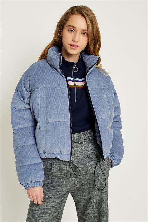 Uo Blue Corduroy Cropped Puffer Jacket Urban Outfitters Uk