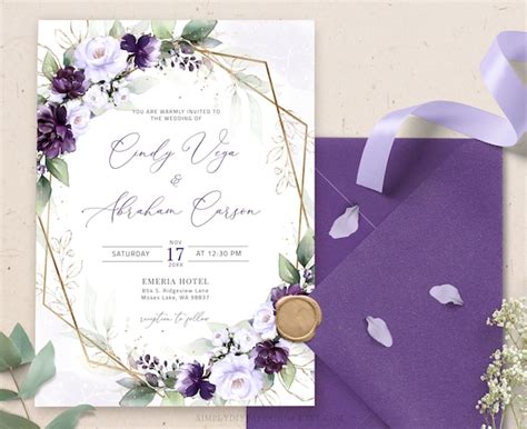 Purple Wedding Invitation Template Editable Plum Wedding Etsy