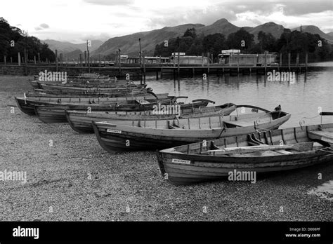 Black And White Panoramic Wooden Rowing Boats Derwentwater Keswick