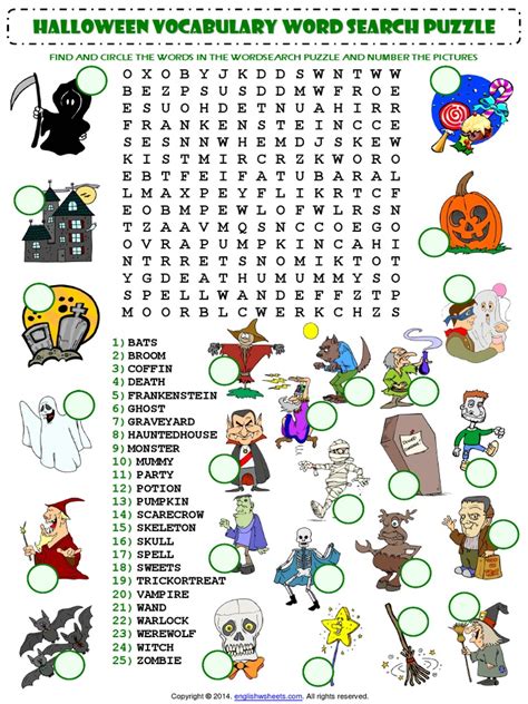 Halloween Esl Vocabulary Word Search Puzzle Worksheet For Kids Pdf