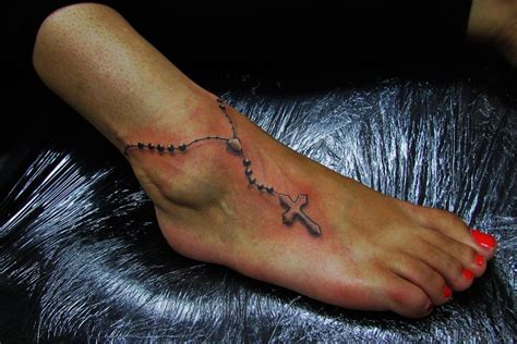 Rosary simple design ankle bracelet tattoo. 63 Cool Rosary Tattoos On Ankle