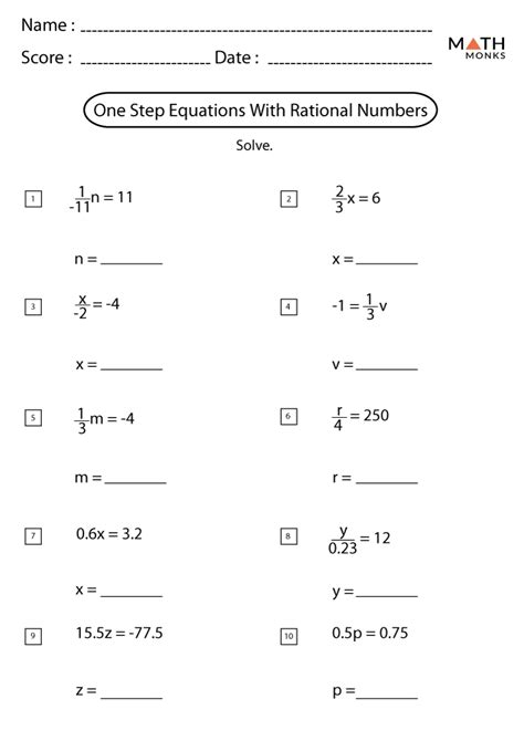 One Step Equations Rational Numbers Worksheet