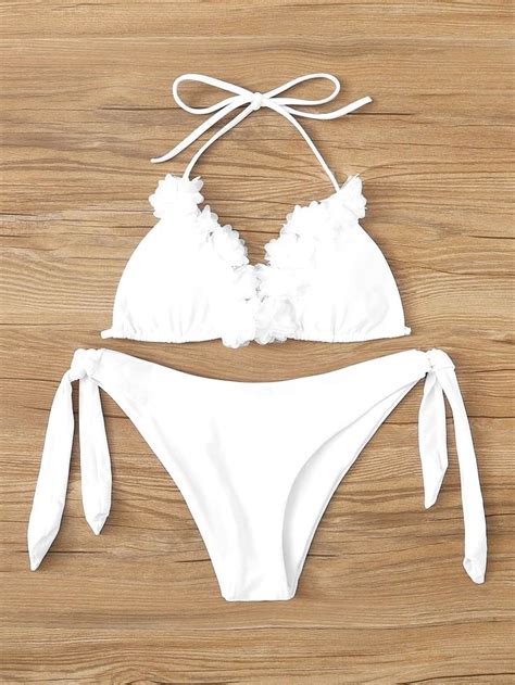 white appliques triangle halter top swimsuit tie side bikini bottom bikinis white bikinis