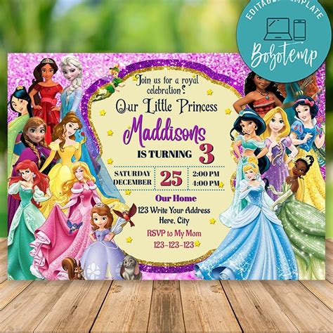 Editable Disney Princess Party Invites Print At Home Bobotemp