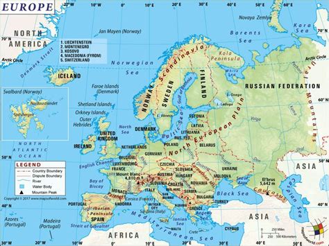 Physical Map Of Europe Showing Major Geographical Features Like