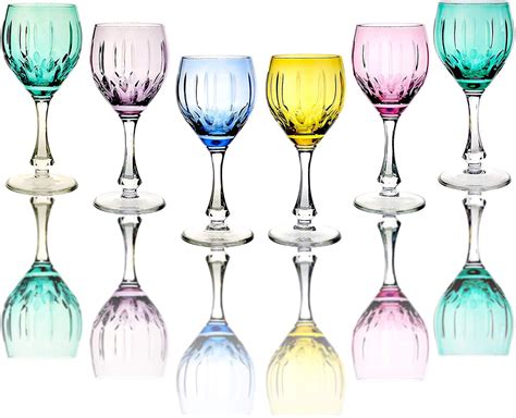 Neman Tm6874 Mc 10 Oz Handmade Crystal Cut Wine Glasses Multi Colored Stemmed Glassware Set