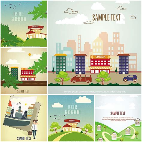 Set Of Cartoon Town Background Vector Free Download