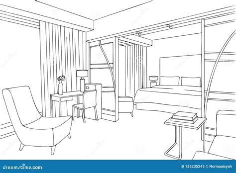 Nordic Style Hotel Room Interior Outline Stock Illustration