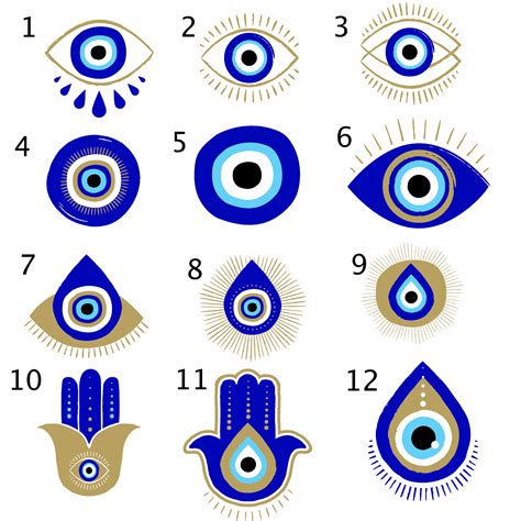 An Image Of Blue And Gold Evil Eye Designs On A White Background With The Numbers 1 2 3 4 5