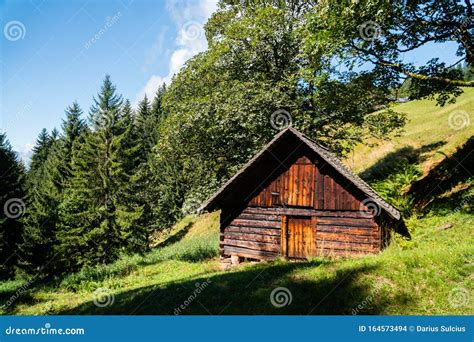 Old Wooden Cabin In Austrian Mountains Surrounded By Trees Nice Green