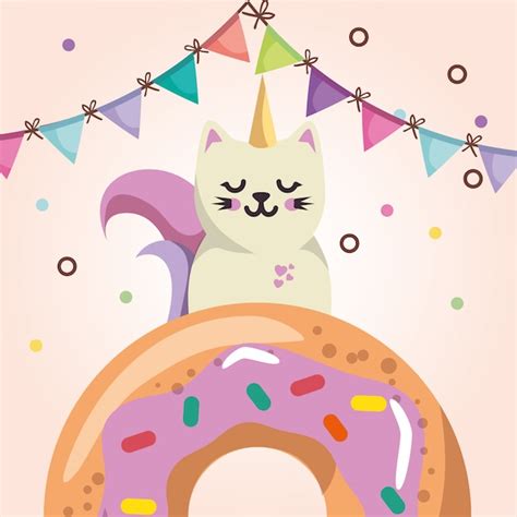 Lindo Gato Con Donut Dulce Kawaii Personaje Tarjeta De Cumpleaños