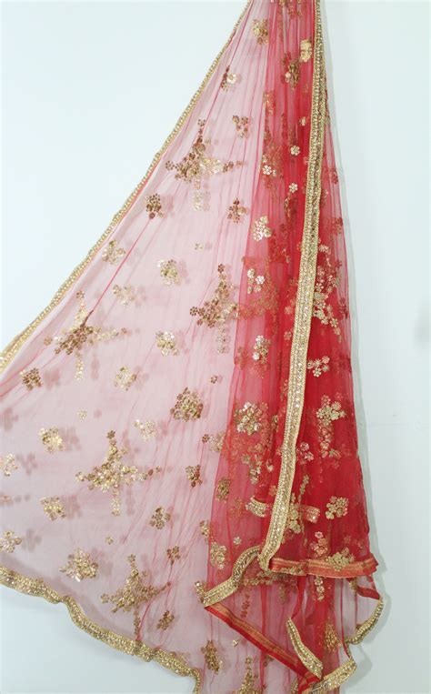 Red Bridal Net Dupatta With Golden Sequins Motifs Red Etsy