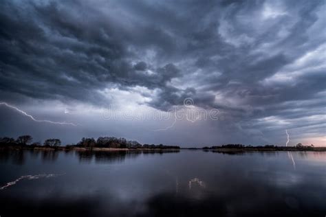 Thunder Storm Above The Lake With Lightnings Stock Image Image Of