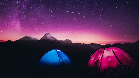 Mountains Wallpaper 4k Night Purple Sky Dome Tents Tourists Nature