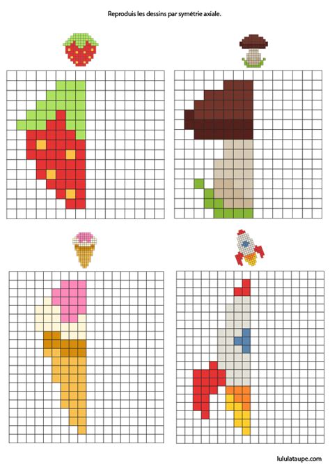 Pixel art à imprimer coloriage pixel art coloriage pokemon coloriages feuille a carreau dessin carreau pixel art vierge grille de dessin evaluation cm1. Reproduire un dessin par symétrie axiale sur quadrillage, un champignon, une fraise, une fusée ...