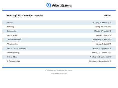 Alle schulferien und feiertage 2021 niedersachsen übersichtlich auf einen blick. Feiertage Niedersachsen 2017 (NI)