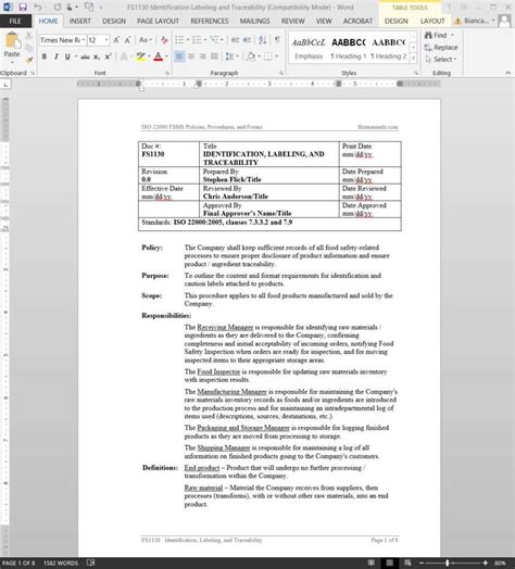 Fsms Identification Labeling Traceability Procedure