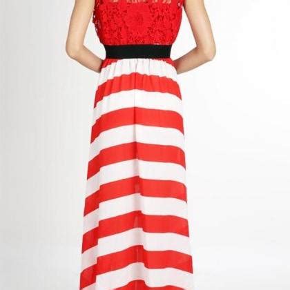 Free Shipping Red White Stripe Lace Bodice Chiffon Maxi Dress On Luulla